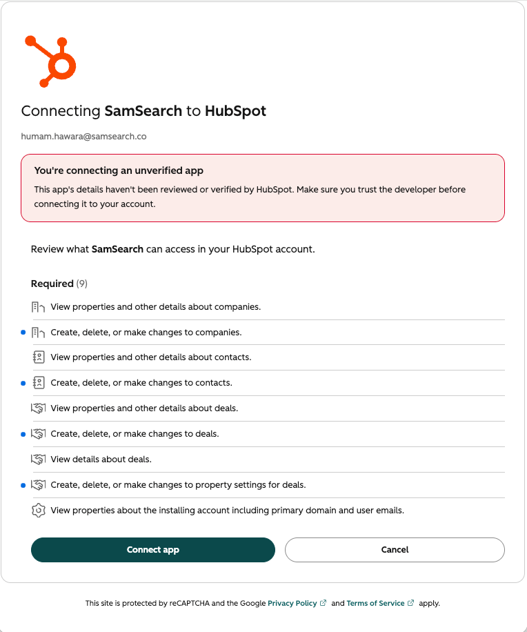 HubSpot permissions screen listing the access SamSearch is requesting, with a Connect app button