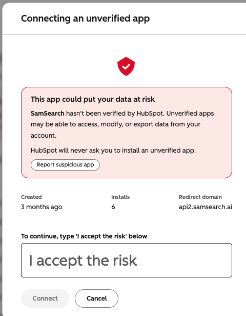 HubSpot unverified app warning requiring the user to type 'I accept the risk' before clicking Connect