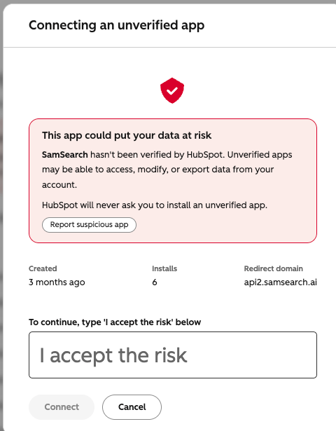 HubSpot unverified app warning requiring the user to type 'I accept the risk' before clicking Connect