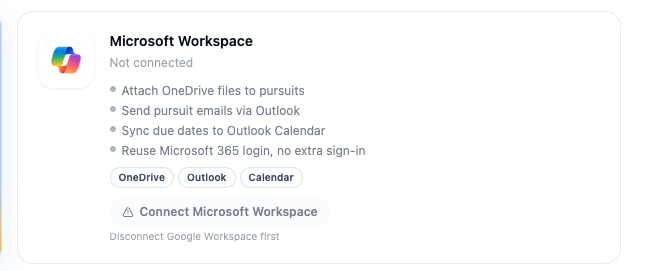 Microsoft Workspace integration card in Account > Integrations showing the Connect Microsoft Workspace button