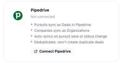Pipedrive integration card in Account > Integrations showing the Connect Pipedrive button