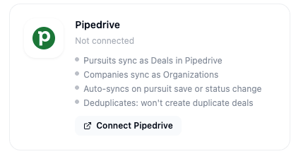 Pipedrive integration card in Account > Integrations showing the Connect Pipedrive button