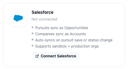 Salesforce integration card in Account > Integrations showing the Connect Salesforce button
