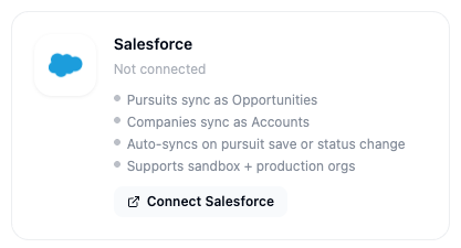 Salesforce integration card in Account > Integrations showing the Connect Salesforce button