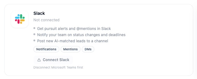 Slack integration card in Account > Integrations showing the Connect Slack button