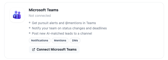 Microsoft Teams integration card in Account > Integrations showing the Connect Microsoft Teams button