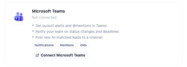 Microsoft Teams integration card in Account > Integrations showing the Connect Microsoft Teams button