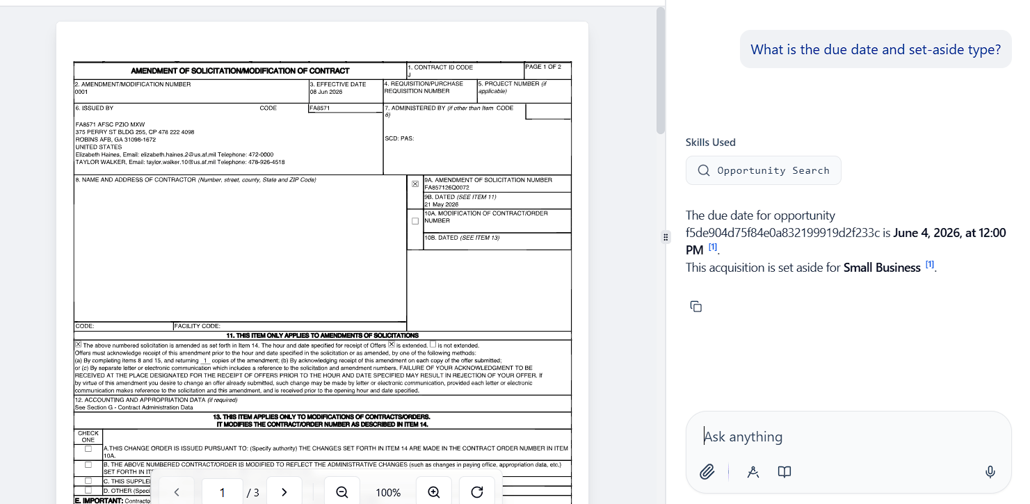 Sammy chat opened from an opportunity detail page, pre-loaded with the solicitation documents