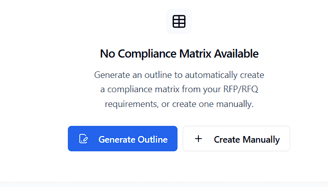 Empty compliance matrix with Generate Outline and Create Manually options