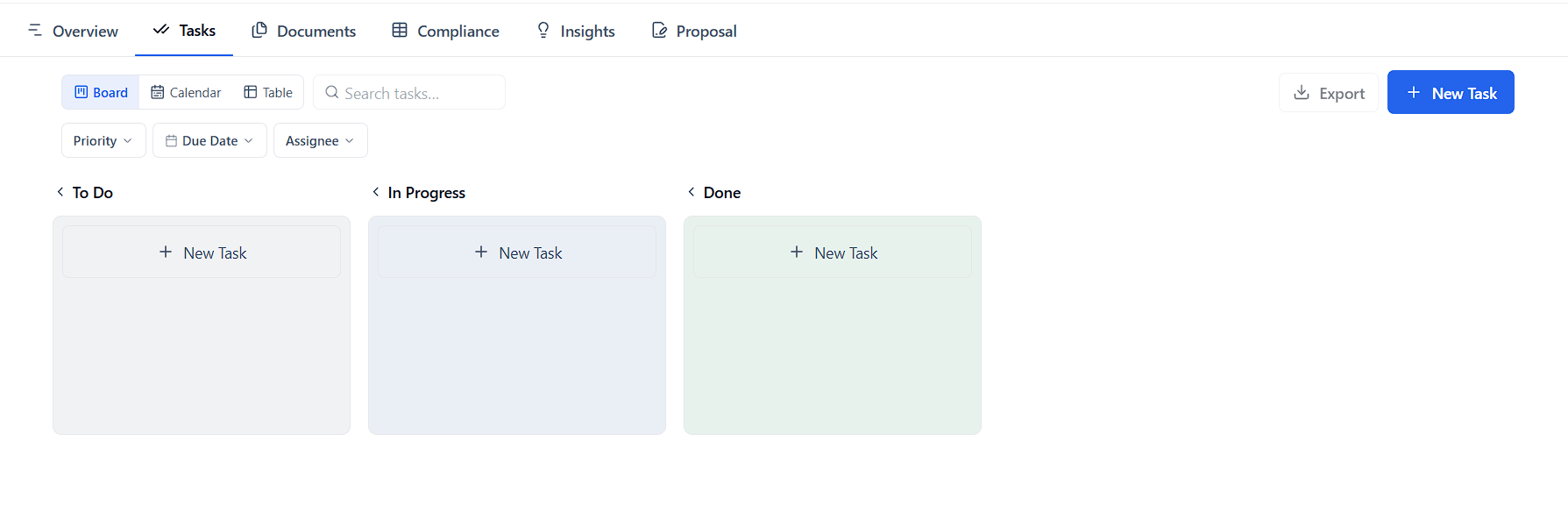 Journey tasks board with To Do, In Progress, and Done columns