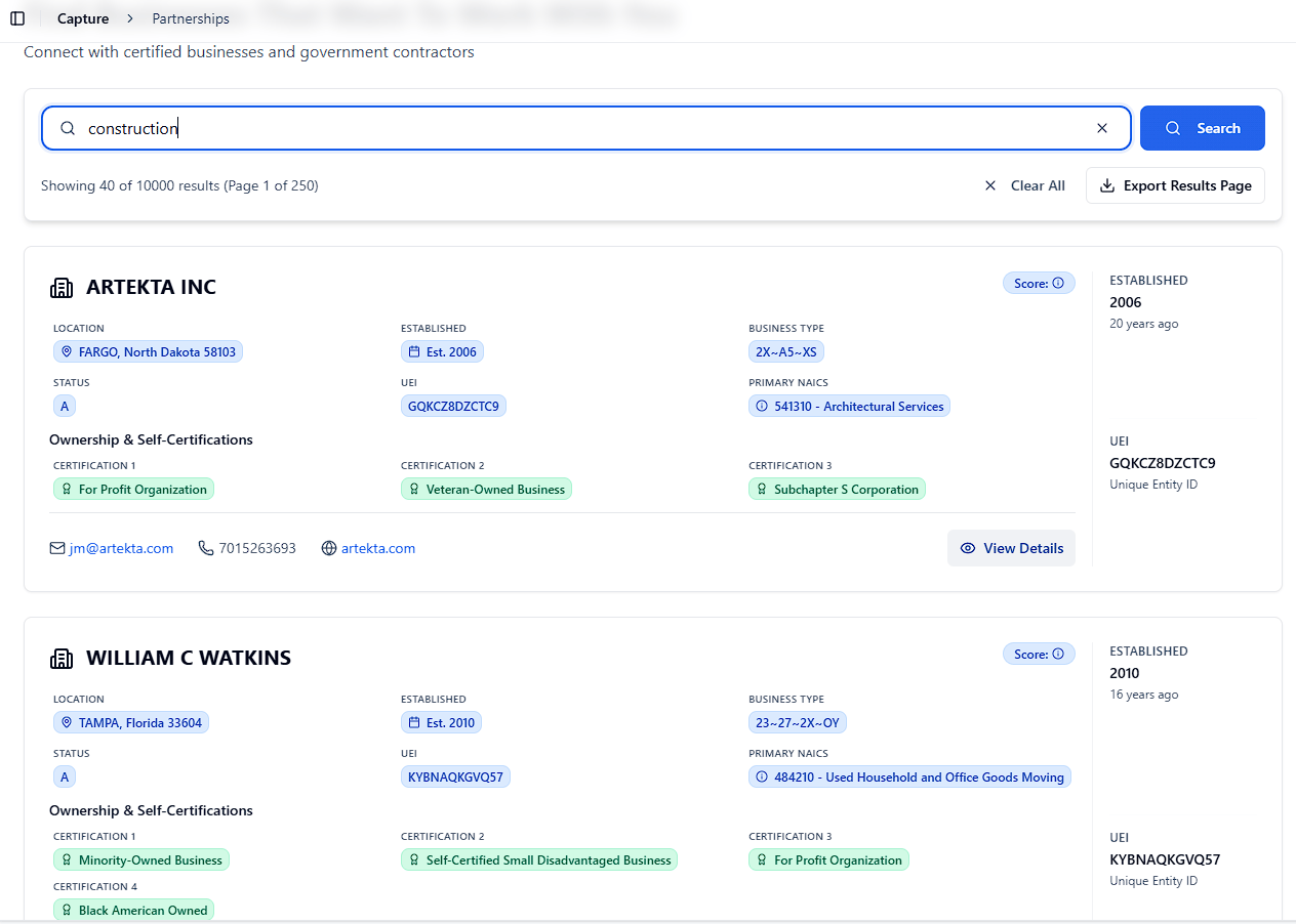 Partnerships search page with company results