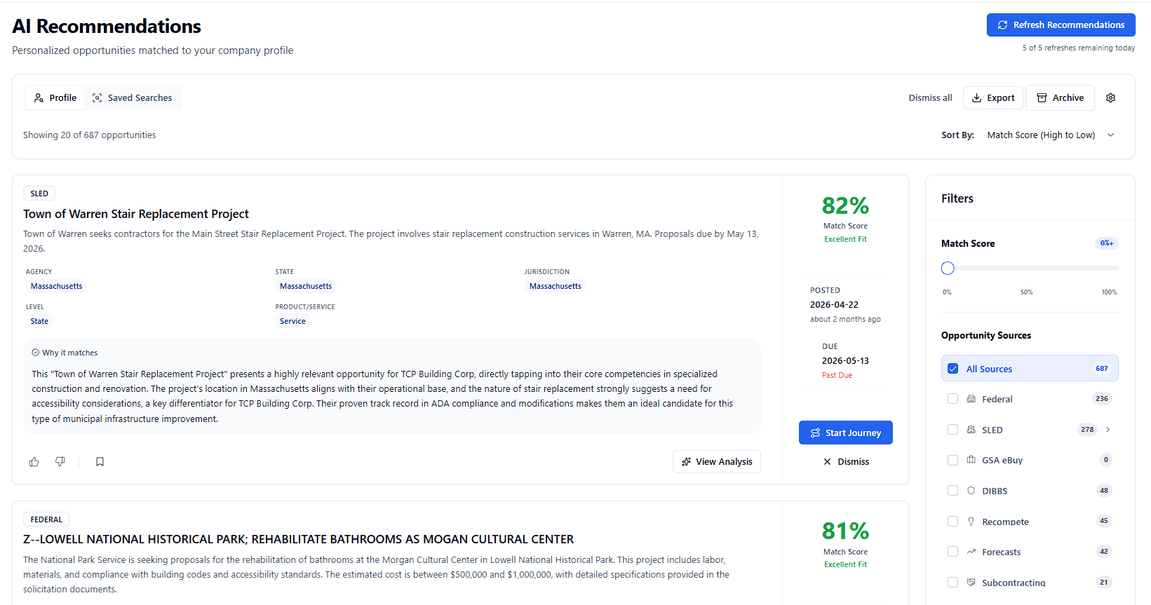 AI Recommendations page showing personalized opportunity matches