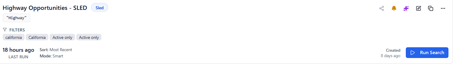 Saved search card with query, filters, and actions