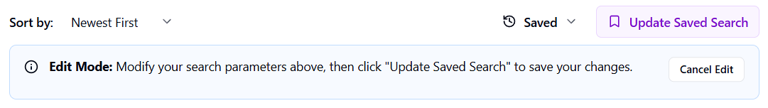 Search page in Edit Mode with Update Saved Search banner