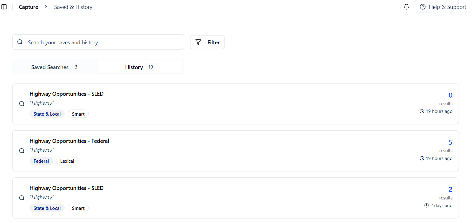 History tab showing past searches