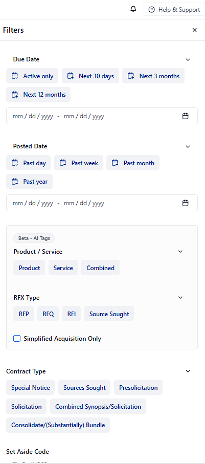 Federal search filters panel