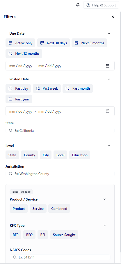 SLED search filters panel