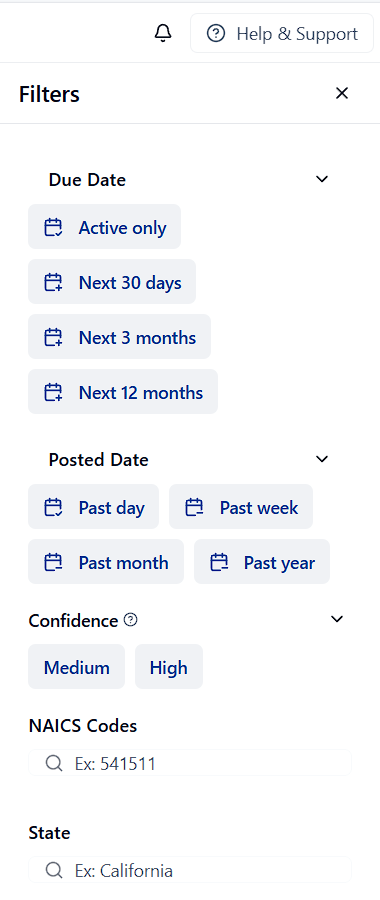 Subcontracting search filters panel