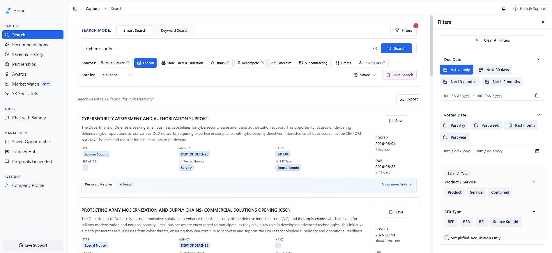 SamSearch search page with sources and filters