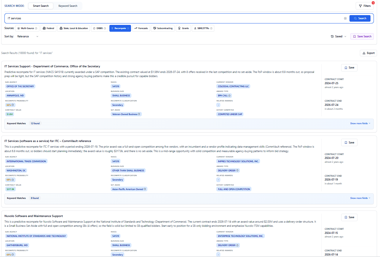 Recompete search results with scores and filters