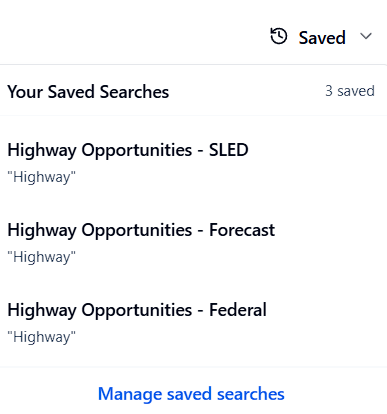 Saved searches dropdown on the Search page
