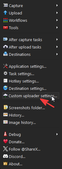 ShareX Custom Uploader Settings menu location