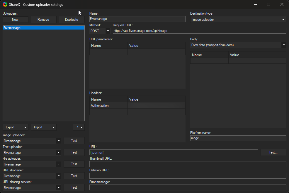 Empty ShareX Custom Uploader Settings window