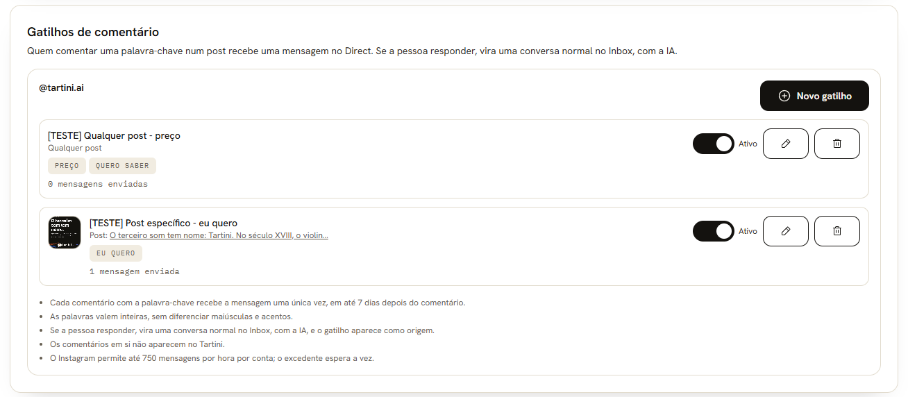 Gatilhos de comentário section with an active rule