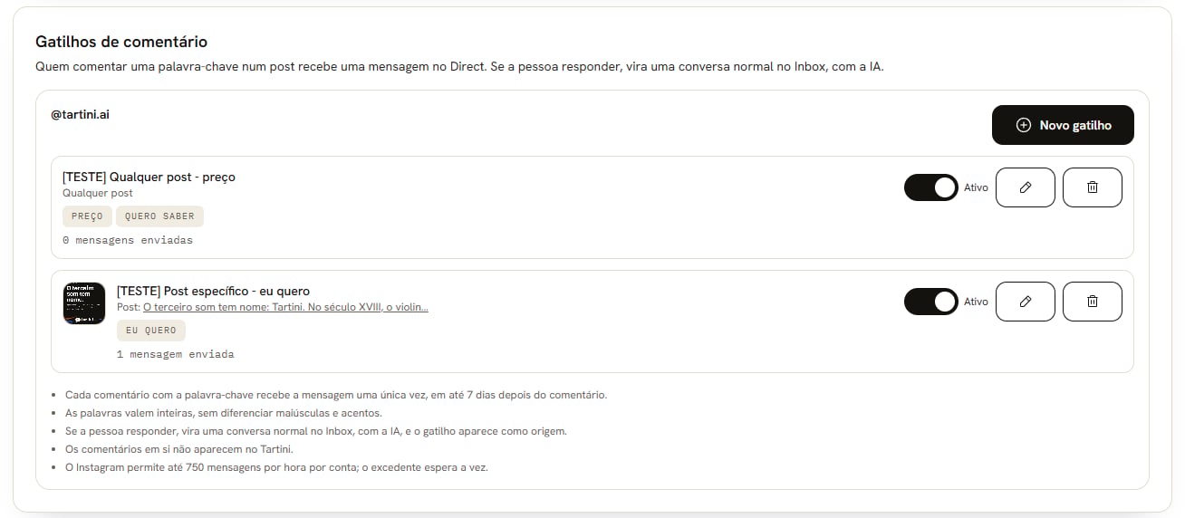 Gatilhos de comentário section with an active rule