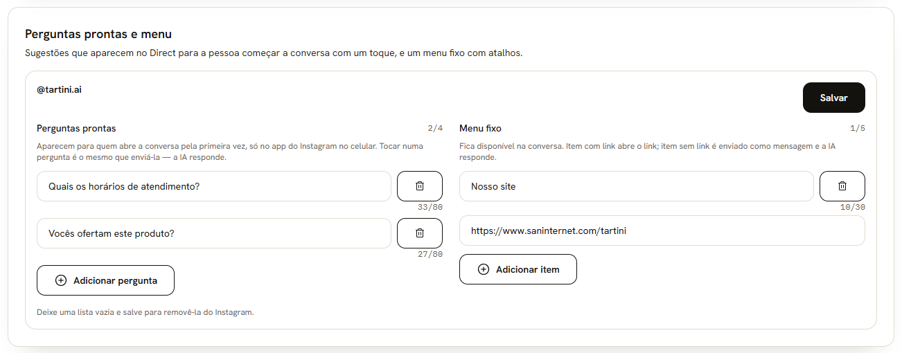 Perguntas prontas e menu section with questions and menu items