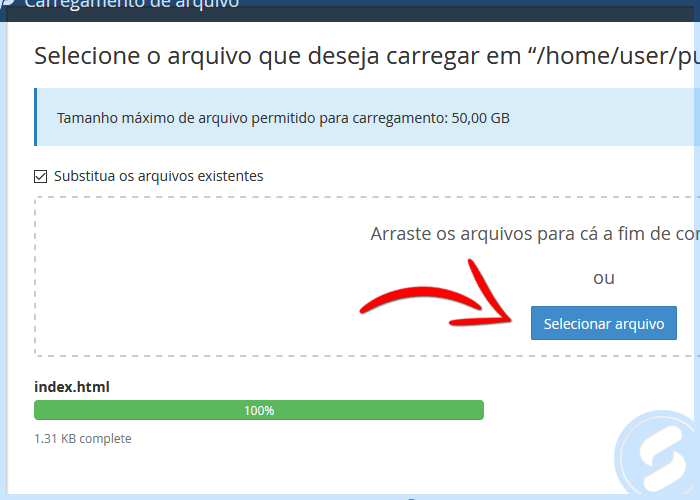 Upload no gerenciador de arquivos no cPanel