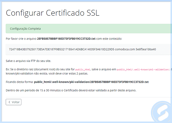 Instruções de validação HTTP do SSL na Área do Cliente da SAN