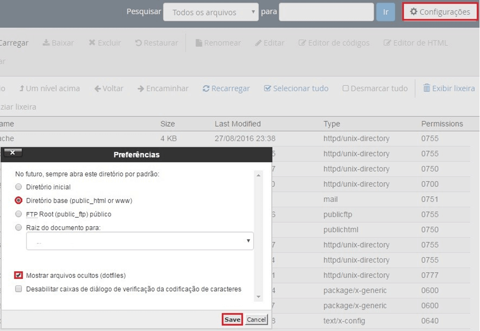 cPanel - Gerenciador de arquivos - Configurações