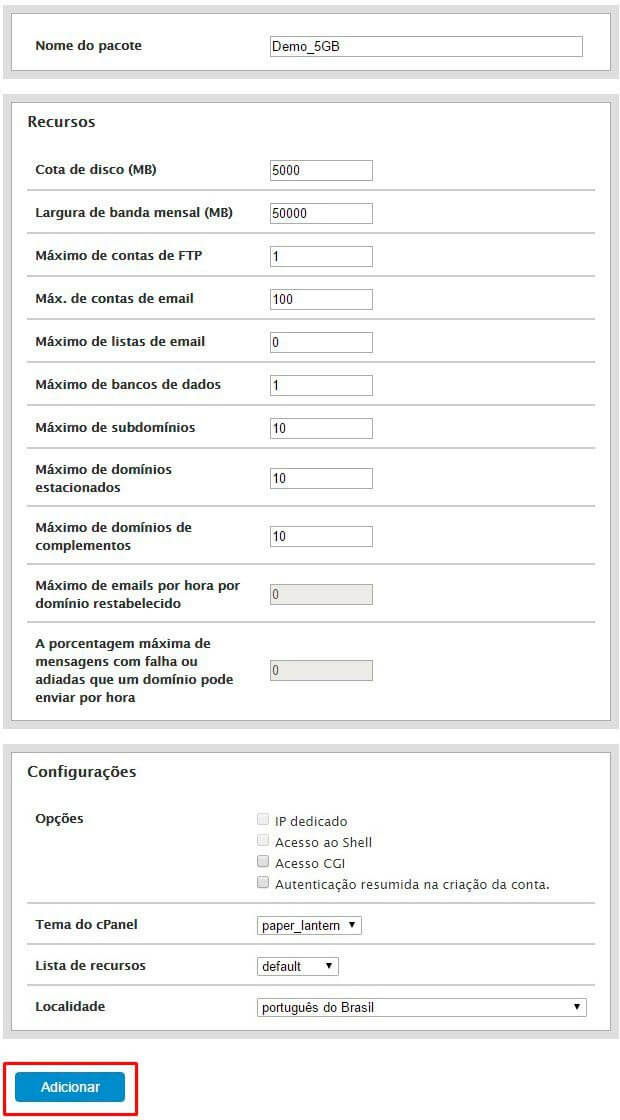 WHM - Adicionar pacote