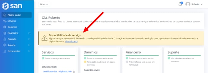 Alerta de status do serviço na página inicial