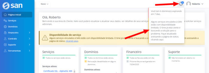 Alerta de status do serviço em notificações