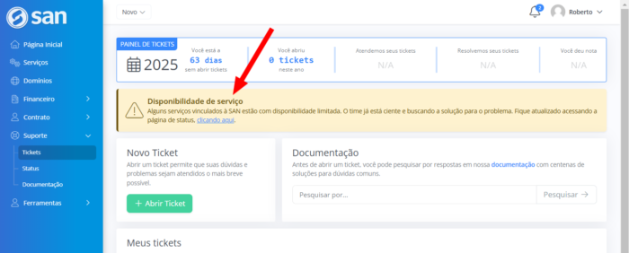 Alerta de status do serviço na página de tickets