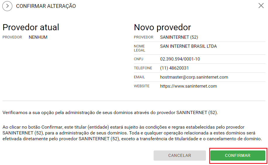 Registro.br - Confirmar provedor