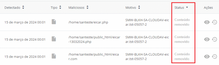 Proteção avançada - Lista de arquivos
