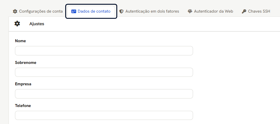 Aba Dados de contato, com os campos Nome, Sobrenome, Empresa e Telefone