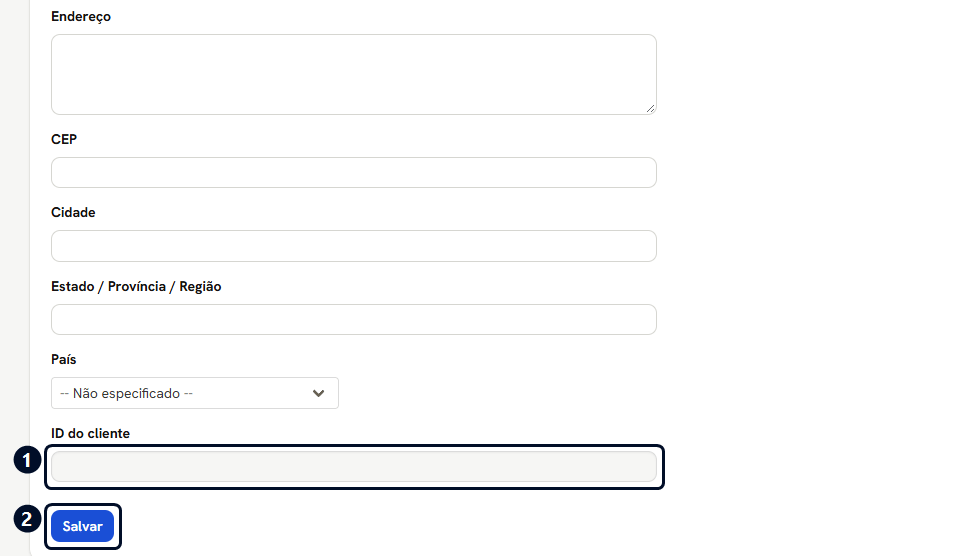 Continuação do formulário, de Endereço até ID do cliente, com o botão Salvar