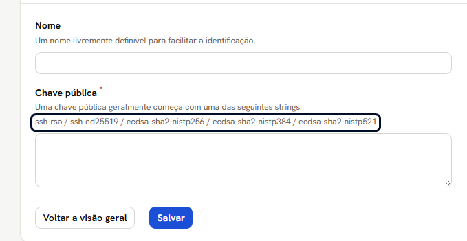 Formulário de nova chave SSH, com os campos Nome e Chave pública