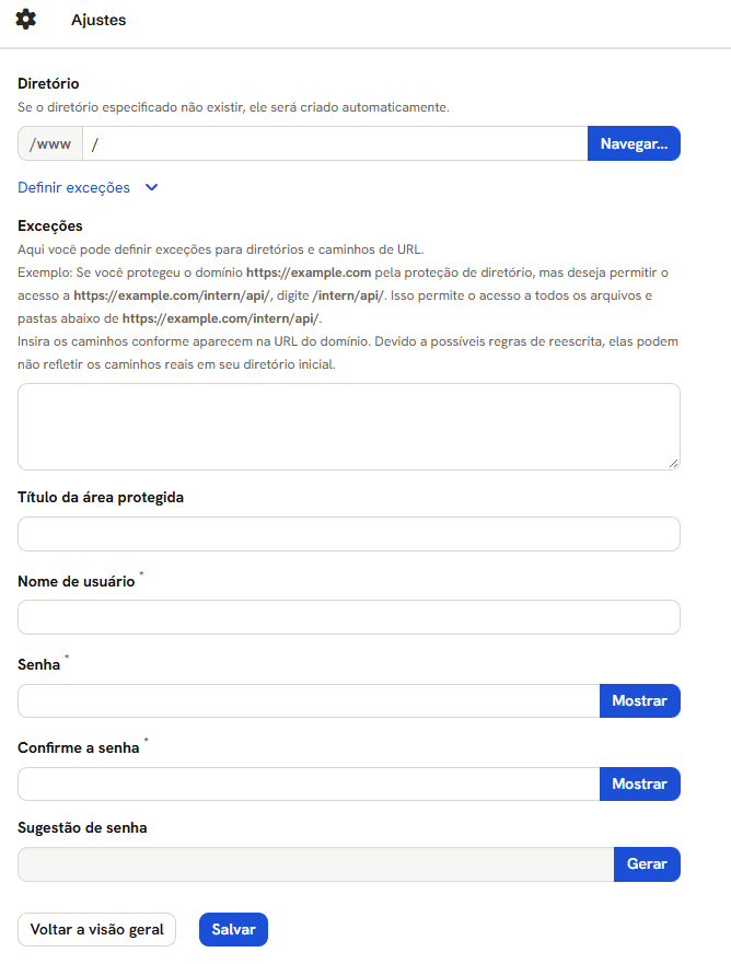 Formulário Adicionar proteção de diretório: Diretório com a parte /www fixa e o Navegar, as Exceções abertas, Título da área protegida, Nome de usuário, Senha, Confirme a senha e Sugestão de senha com Gerar