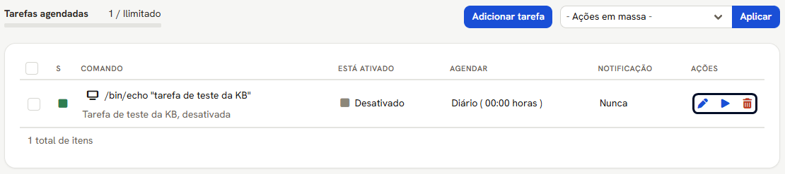 Lista de tarefas agendadas do cliente, com o uso 1 / Ilimitado e uma tarefa desativada