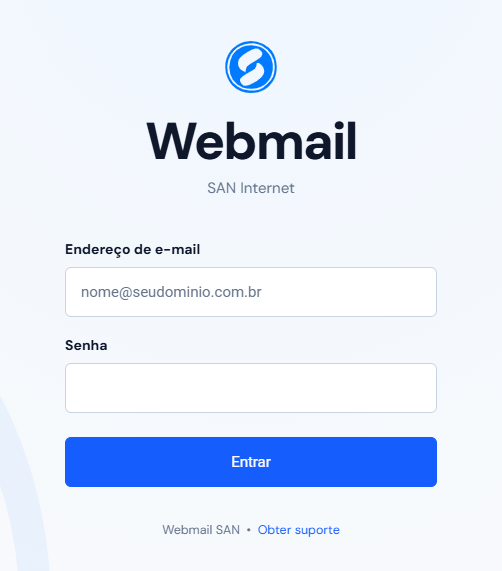 Tela de entrada do webmail: o logo, o campo Endereço de e-mail com o exemplo nome@seudominio.com.br, o campo Senha, o botão Entrar e o link Obter suporte