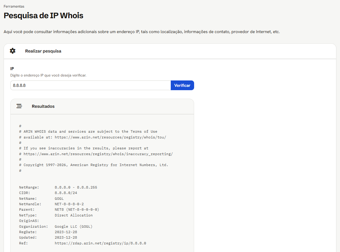 Pesquisa de IP Whois: o campo IP com 8.8.8.8, o botão Verificar e o começo dos Resultados