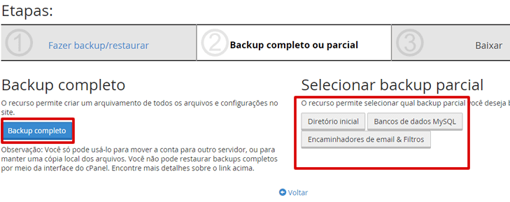 cPanel - Assistente de backup