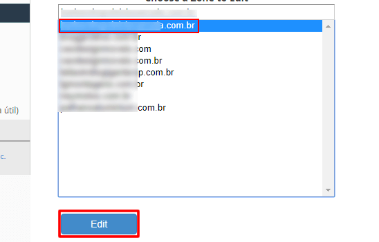 WHM - Zona DNS - Selecionar domínio