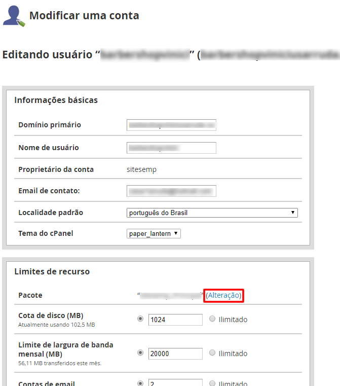 WHM - Modificar contas