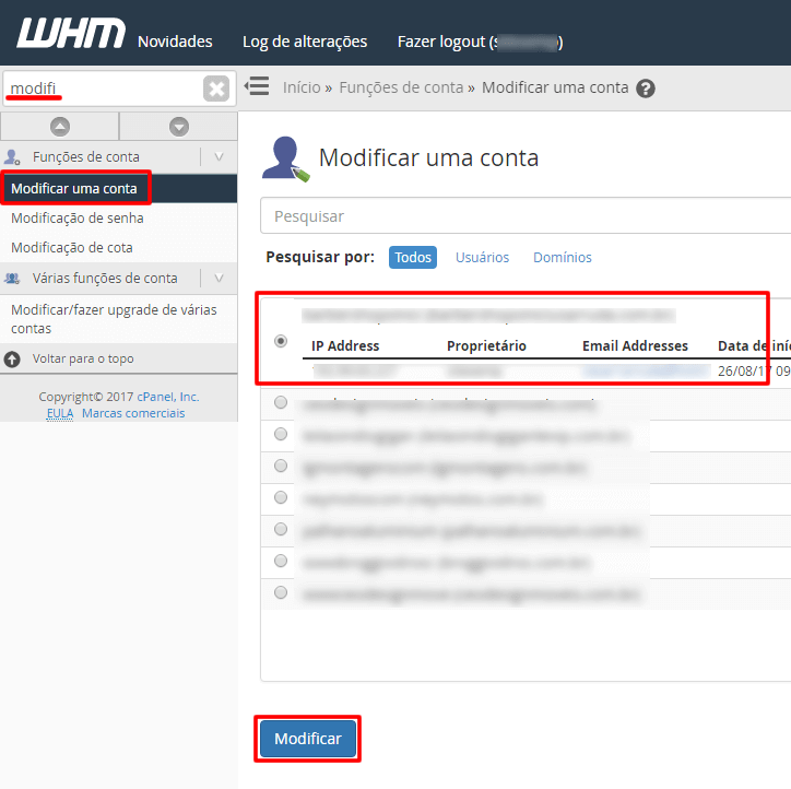 WHM - Modificar contas